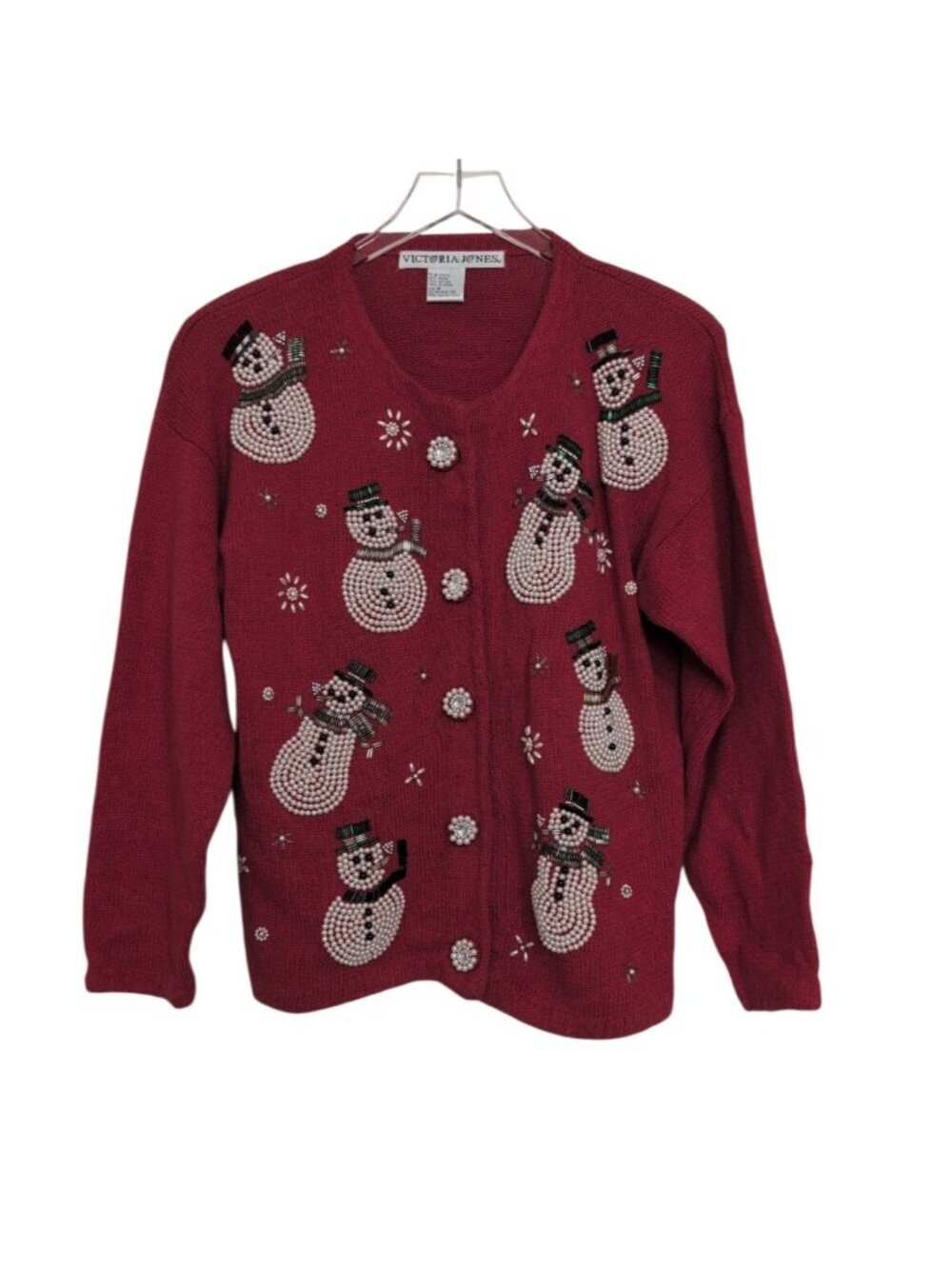 Victoria Jones Beaded Snowman Cardigan Womens Size Medium Red Ugly Christmas